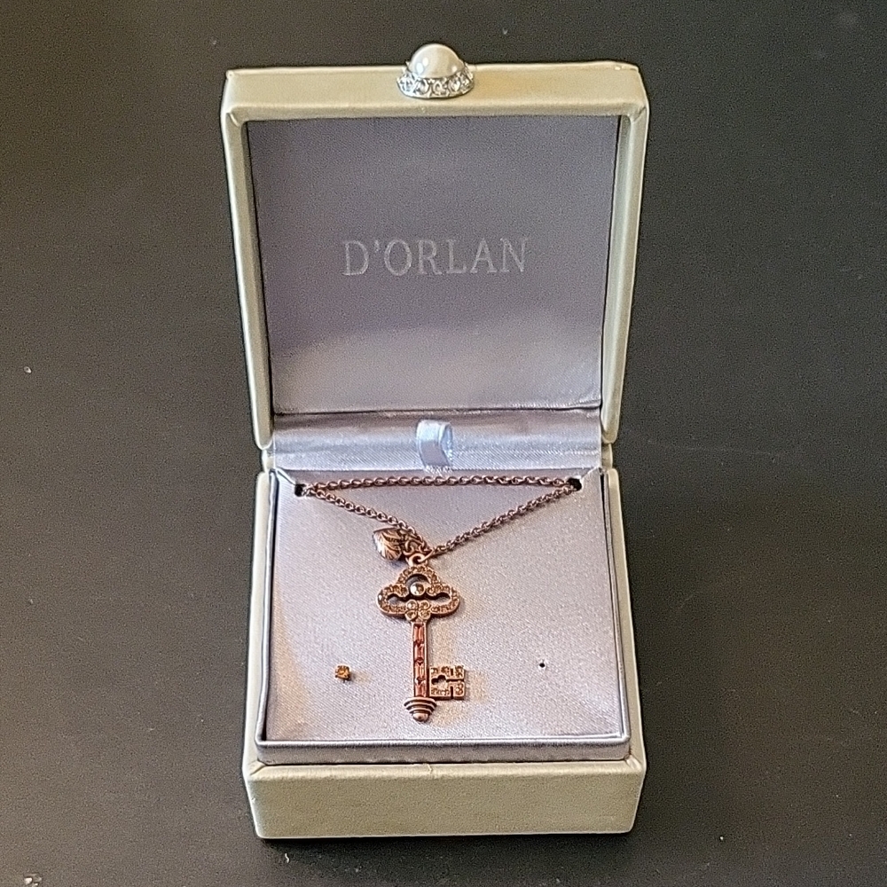 NEW 1928 Burnished Rose Gold Vintage Key Pendant Necklace, Crystals, 1 Stud